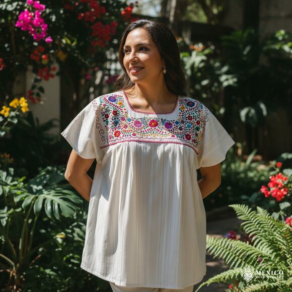 Mexican Embroidered Blouse – Handmade Otomi Floral & Design Large 28 X 23 IN - Picture 3 of 9